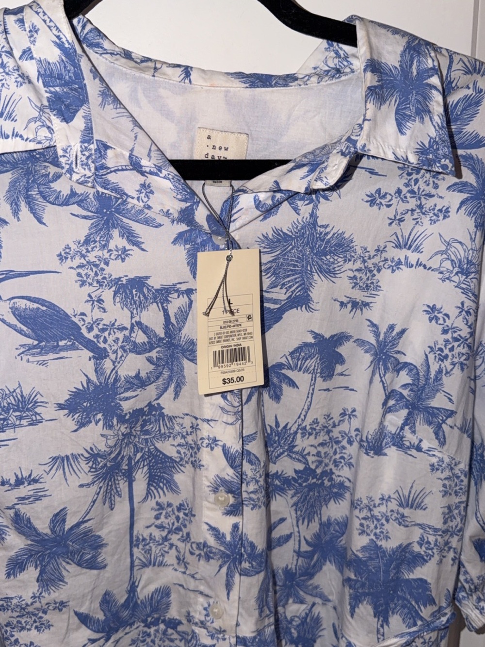 a new day Blue & White Tropical Print Button-Front Shirt Dress - Picture 2 of 3